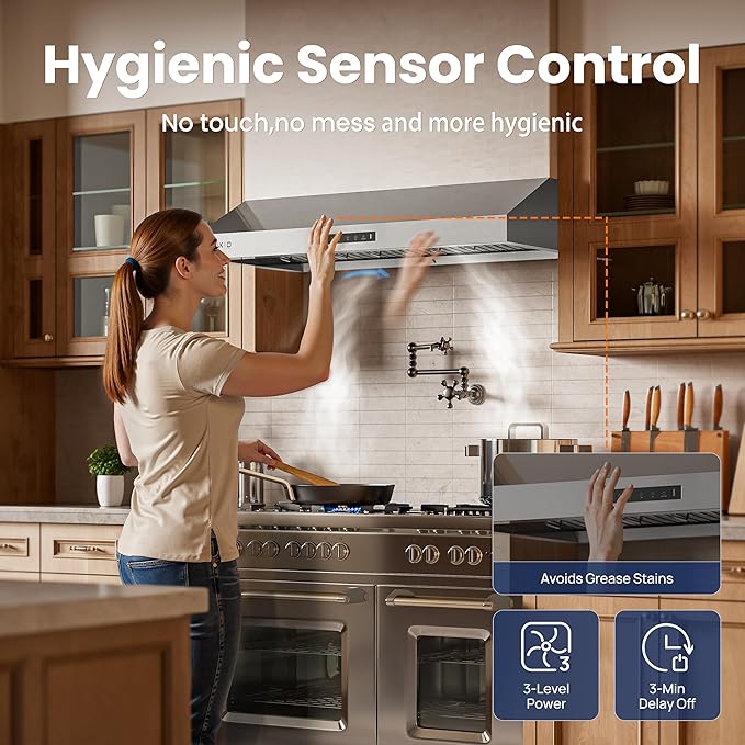 Under Cabinet Range Hood 30 Inch,Range Hood 900-CFM,1.5 Sones Quiet Dual Turbine Motor,Stainless Steel Vent Hood with 3 Speed Exhaust Fan,Safe Baffle Filters for Kitchen Stove