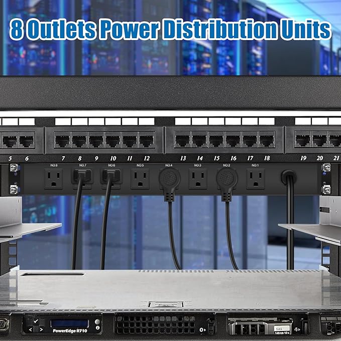 HHSOET 1U Rack Mount Surge Protection, 8 Outlet PDU Power Strip, Metal Mountable Outlet Strip with Switch, 10ft Power Cord.