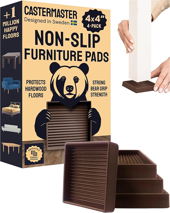 CasterMaster Non-Slip Furniture Pads for Hardwood Floors - 4" x 4" Brown Pack of 4 - Anti-Skid Rubber Caster Cups - Table Leg Protectors & Rubber Feet for Chairs