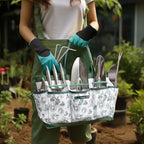 Bluemars Gardening Hand Tool Kit 14PCS Heavy Duty Stainless Steel Garden Tool Set with Floral Garden Tote -Outdoor Gardening Transplanting Gifts for Woman