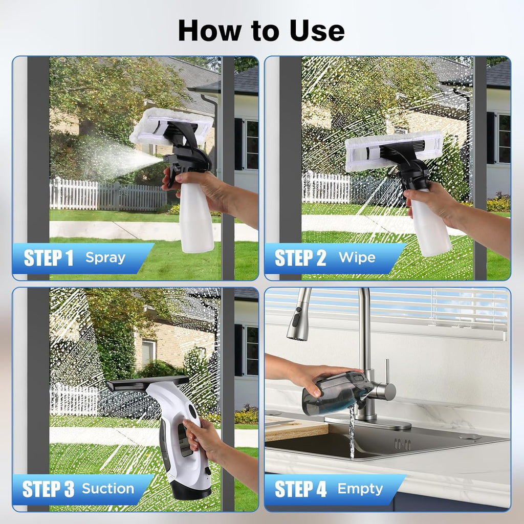 Window Vacuum Squeegee Cordless, 2000Pa Electric Window Cleaner Tool with 2200mAh & 150ml Water Collection Tank, Window Cleaning Kit Shower Squeegee for Glass Doors, Windows, Mirrors, Car (White)