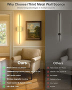 iThird 1 Pack Battery Operated Wall Sconce Light, Gold Rechargeable Wall Lights with Touch & Remote Control, 360° Rotatable, 4CCT Dimmable Wireless Wall Scone Lamp for Bedroom Living Room Hallway