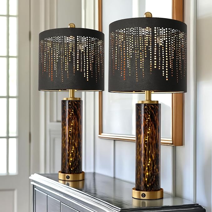 Oneach 27.75" Modern Table Lamps Set of 2, Gold Bedside Lamp with Leopard Glass Nightlight, USB A+C, Black Crystal Shade, Unique Desk Lamps for Living Room, Bedroom, Nightstand (2 Bulbs Included)