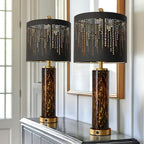 Oneach 27.75" Modern Table Lamps Set of 2, Gold Bedside Lamp with Leopard Glass Nightlight, USB A+C, Black Crystal Shade, Unique Desk Lamps for Living Room, Bedroom, Nightstand (2 Bulbs Included)