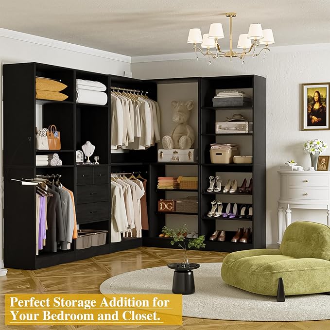 Unikito 110” Closet System with Drawers, Corner Closet Organizer with 4 Hanging Rods and Mirror Design, 9.3FT Reversible Large Wood L Shaped Walk in Closets Wardrobe with Shoe Shelves, Set of 4, Black