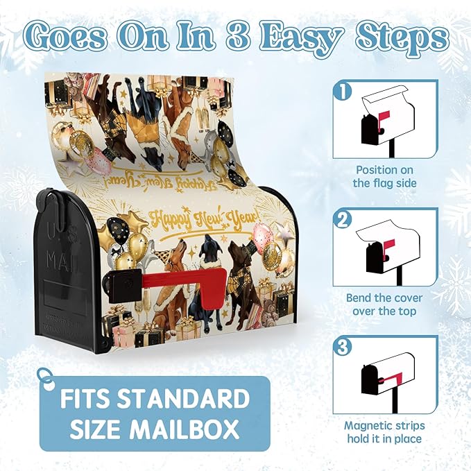 Happy New Year Extra Magnetic Mailbox Covers 25.5x21 Inch Winter Dogs Balloon Holiday Post Mail Box Cover Large Size for New Year Garden Outdoor Decor
