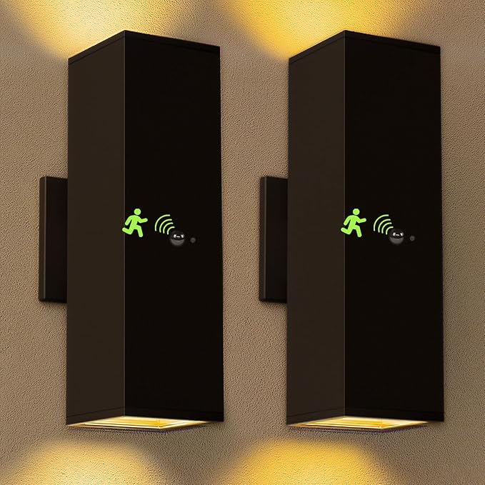 Motion Sensor Outdoor Wall Lights 2-Pack, Dusk to Dawn Exterior Light Fixtures with 3 Lighting Modes, 13'' Up Down Porch Lights with 15W LED Bulbs, Waterproof Wall Sconce for House, Patio, Garage