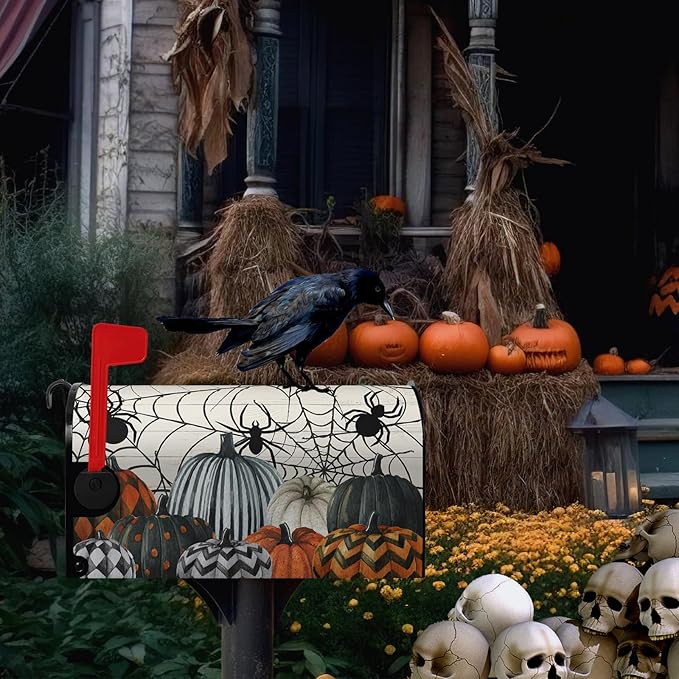 Halloween Magnetic Mailbox Covers Fall Pumpkin Spiders Mailbox Cover Spooky Halloween Mail Box Post Cover Standard Size 21X 18 Inch Seasonal Decorations for Outdoor Garden Yard