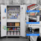 Garage Storage Cabinet with Locking Doors and 2 Adjustable Shelves, 71" H Metal Rolling Tool Storage Cabinet with Wheels, Drawer, Pegboard and 16 Hooks for Garage, Warehouse, White and Gray