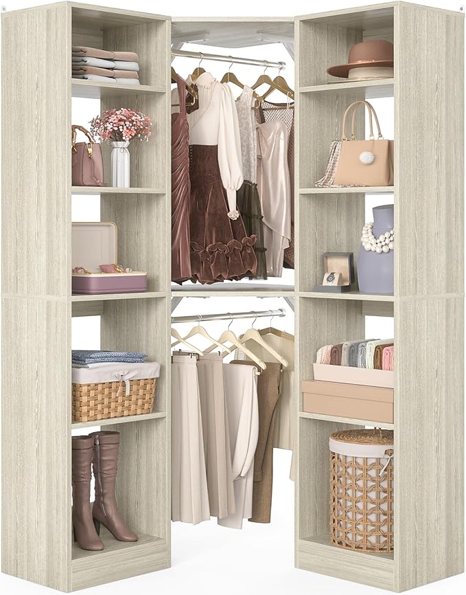 Corner Closet System with 12 Shelves, 39.2" Corner Closet Organizer System with 2 Hanging Rods, Versatile 6-Tier Walk-in Closets for Corner Space, White Oak (39.2" L x 39.2" W x 80" H)