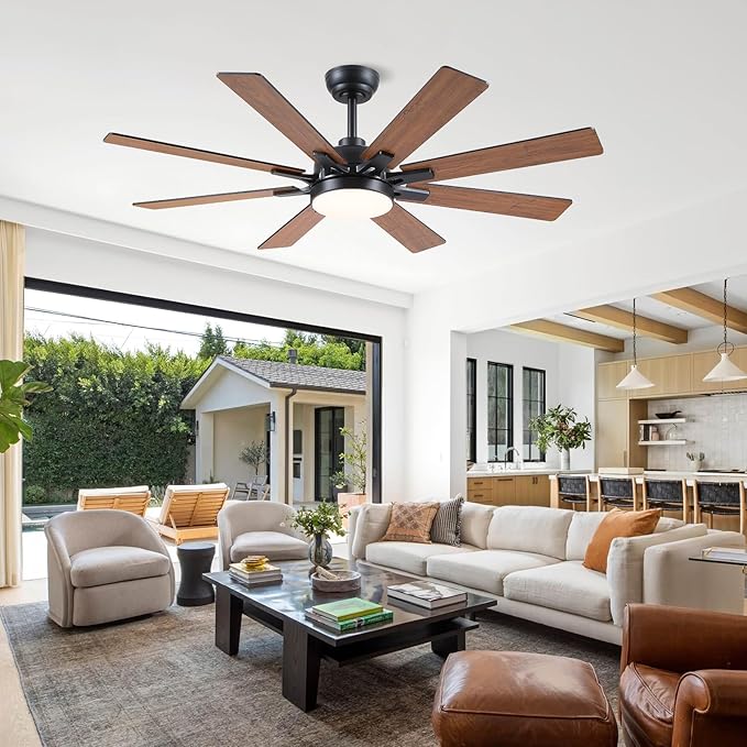 52 Inch Ceiling Fans with Lights and Remote/APP Control, Modern Ceiling Fan for Bedroom Living Room Patio Porch Indoor Outdoor, 6 Speeds, Reversible Quiet Motor, 8 Wood Blades, Brown