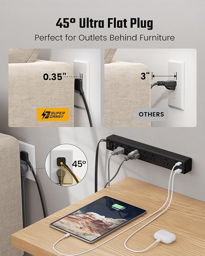 SUPERDANNY Flat Plug Surge Protector Power Strip, 6ft Ultra Thin Extension Cord with 3 USB (1 USB C Port), 6 Outlets Charging Station, Wall Mountable Outlet Extender for Home Office, College Dorm Room