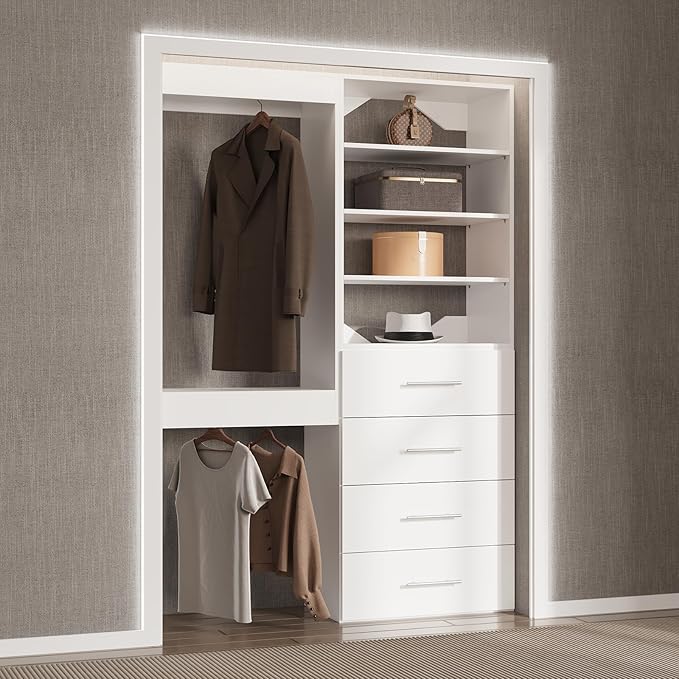 64" Wide Modular Closet Organizer With Tower and Drawers, Wood Storage for Walk In Closets, Wall Mounted Wardrobe Kit, Bedroom, White