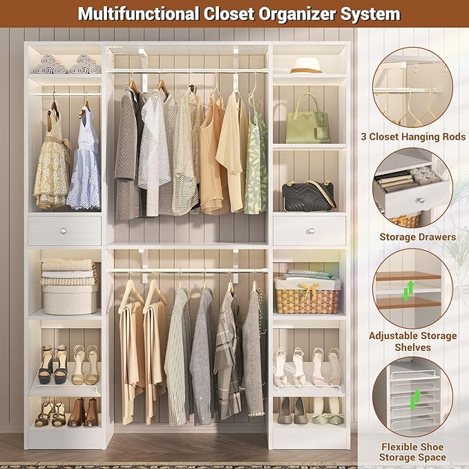 Unikito 58" W - 90" W Closet System, Large Walk in Closet Organizer with 3 Hanging Rods and Shelves, Heavy Duty Wood Closets Wardrobe with 2 Drawer & Shoe Rack, Sturdy Reversible Clothing Racks, White