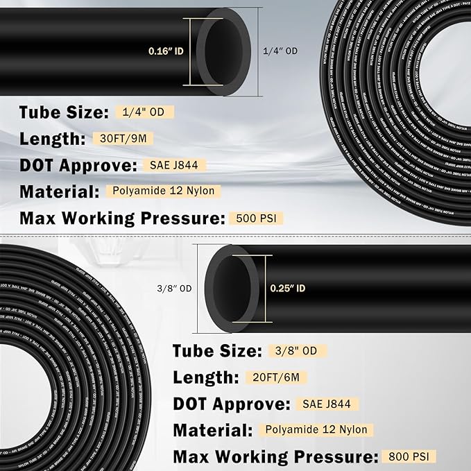 CheeMuii 23 PCS Brass DOT Air Line Fittings with 30FT 1/4" and 20FT 3/8" DOT Air Line Kit Push Lock Quick Connect Fittings with Pneumatic Tubing Set