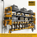 12 Cordless Drill Holder Large Power Tool Organizer Wall Mount with Side Pegboard & Screwdriver Holder, 4-Tier Heavy Duty Metal Tool Storage Rack with 4-Outlet Power Strip