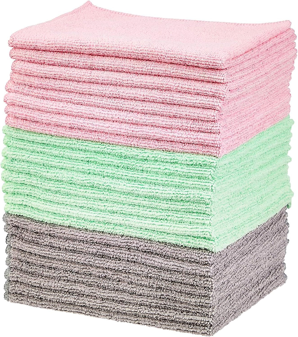 Amazon Basics Microfiber Cleaning Cloths, Ultra Soft and Absorbent, Free from Streaks/Lint/Scratch for Cars, 16" x 12", Green/Gray/Pink, 24-Pack