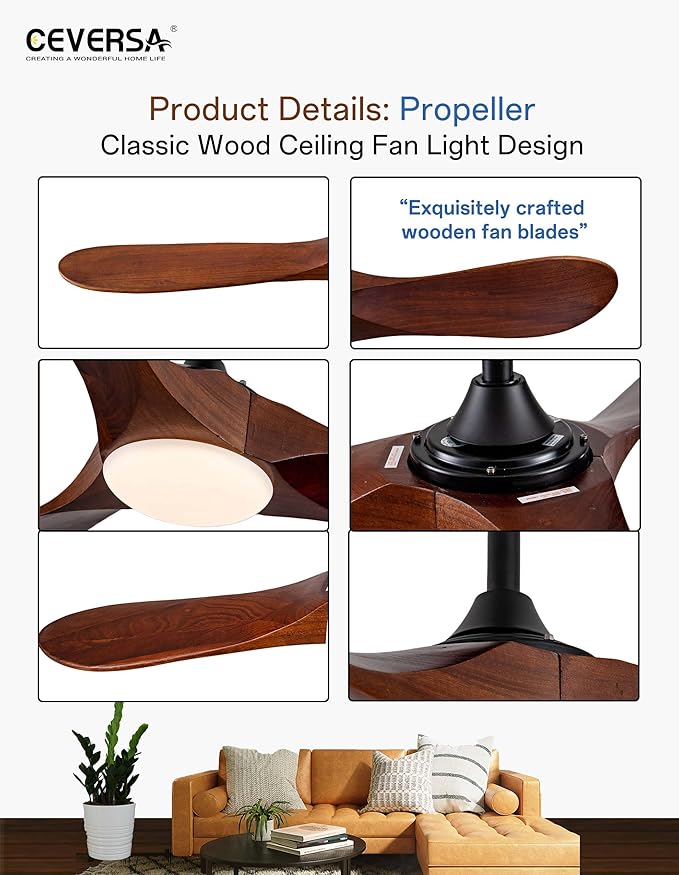 60 Inch Outdoor Ceiling Fans with Lights and Remote,3 Blades Wood Propeller, Quiet DC Motor,Dimmable Outdoor Ceiling Fans for Patios,Farmhouse,Living Room,Bedroom, Indoor,Walnut