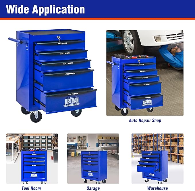 5 Drawers Rolling Tool Box on Wheels, Multifunctional Tool Chest Cabinet with Lock, Drawers Rolling Tool Cart Trolley Organizer Tool Storage Case for Warehouse,Garage,Workshop (Blue)