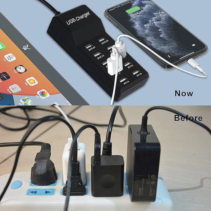 50W USB Charging Station with 10-Port Family-Sized Smart USB Ports for Multiple Devices - Smart Phone, Tablet, Laptop Computer - for iPhone 15/14/13 Black