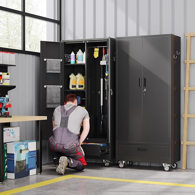 Broom Closet Storage Cabinet with Drawer and Hanging Rod, Garage Storage Cabinet with Wheels and 5 Pegboard, Rolling Tool Cabinets with 2 Doors and 3 Shelves for Garage, Bathroom, Black