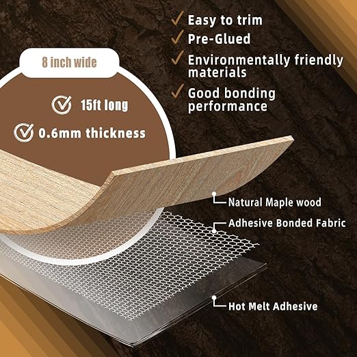 GSCIT Club Wood Veneer, 8 inch x 15ft Maple Edge Banding Preglued Flexible, Veneer Tape Banding for Cabinet Repair Furniture Restoration