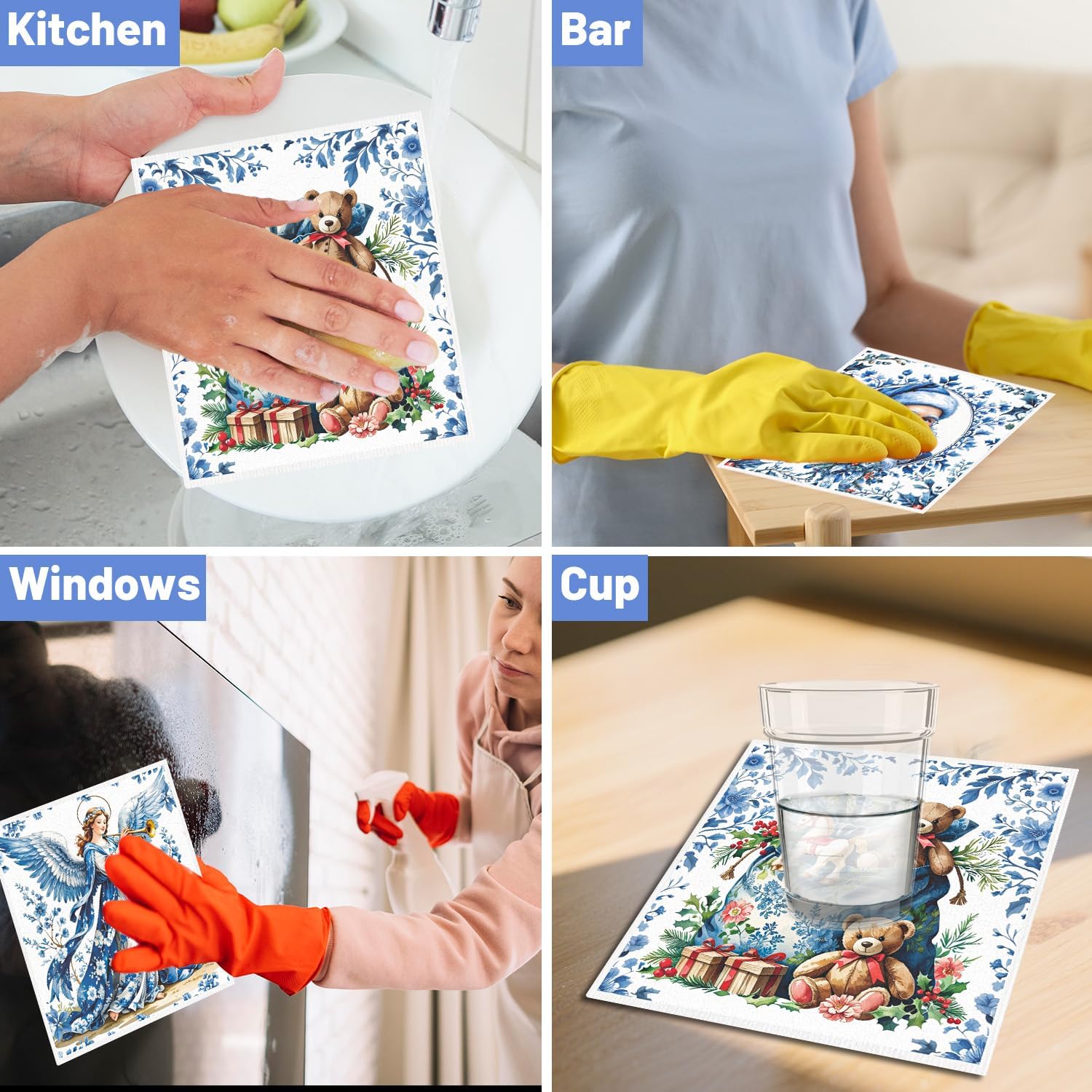 Winter Swedish Dishcloths for Kitchen, 6PCS Christmas Swedish Dish Cloths Gift Set, Vintage Reusable Washable Absorbent Dish Towel for Home Cleaning(7.8 X 7 Inches)