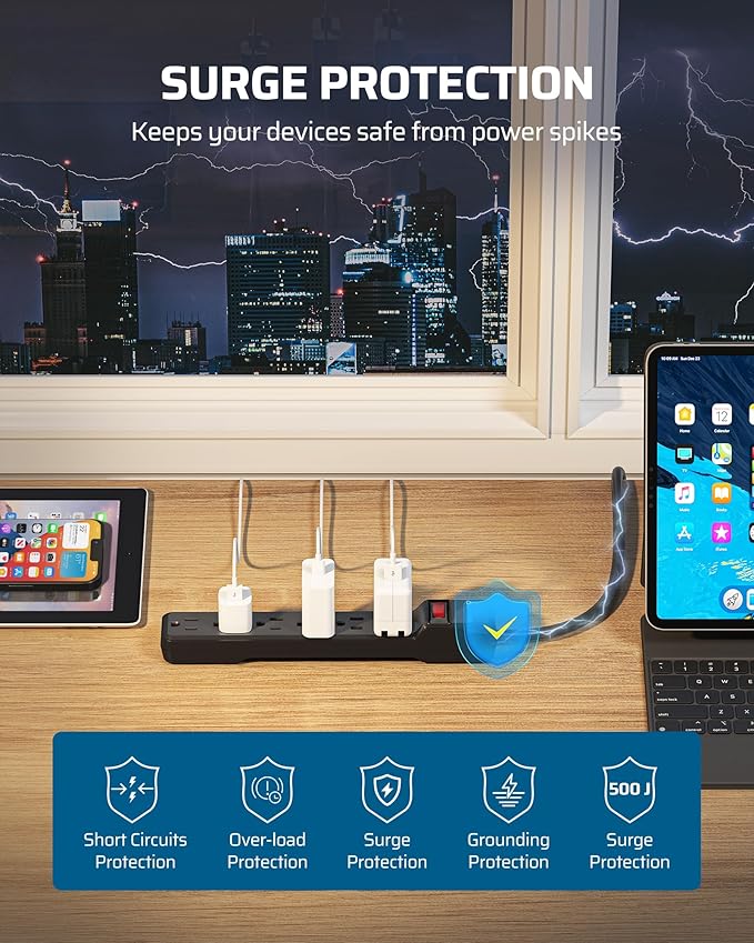 DEWENWILS 6-Outlet Power Strip Surge Protector, 15FT Long Extension Cord, Low Profile Flat Plug, 15 Amp Circuit Breaker, 500 Joules, Wall Mount, Black, UL Listed