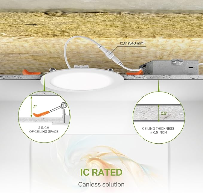 ASD 6 Pack LED Recessed Lighting 6 Inch 12W, 5 CCT 2700K-5000K CRI90+, IC Rated Ultra Thin Dimmable Ceiling Lights with J Box, Canless Wafer Downlight, Round Slim Panel Light, Energy Star ETL, White