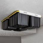 HandT USA Based Overhead Garage Storage Rack, Ceiling Tote Bin Organization Rails Shelving Racks System, Heavy Duty Hanging Metal Rack Systems for 27 Gallon Container, Supports Most Bins, 4 Sets White