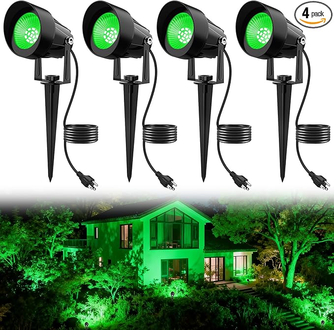 Halloween Green Landscape Spotlights, 14 LED Landscape Lighting with US Plug, IP65 Waterproof Outdoor for Tree Yard Garden Pathway Christmas Decor, 4 Pack