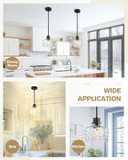 Emak 8 Inch Pendant Lights Kitchen Island, Black Pendant Light Fixtures with Hammered Glass Shade, Modern Farmhouse Island Lights for Kitchen, PL122-BK-HG