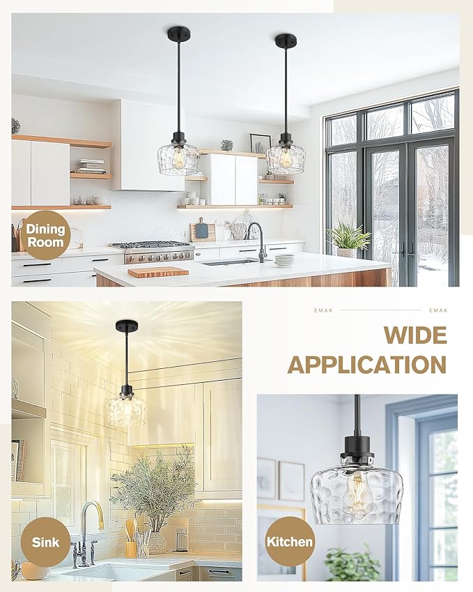 Emak 8 Inch Pendant Lights Kitchen Island, Black Pendant Light Fixtures with Hammered Glass Shade, Modern Farmhouse Island Lights for Kitchen, PL122-BK-HG