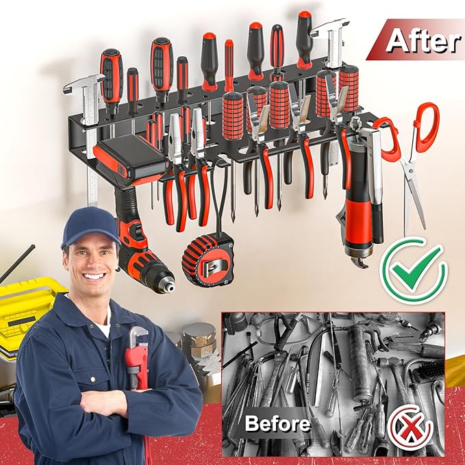 2Pcs Metal Screwdriver Organizer, Wall Mount Plier Organizer Hammer Holder, Hand Tool Storage Rack for Garage Workshop Workbench (Black, 2PCS)