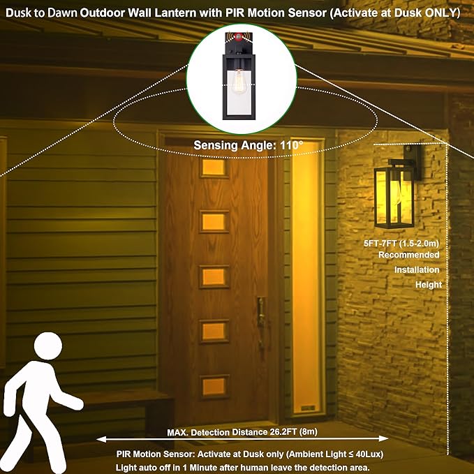 GRUENLICH Dusk to Dawn Large Outdoor Wall Lantern, PIR Motion Sensor Wall Sconce, E26 Base Max 60W, Metal Housing Plus Glass, Matte Black Finish, Bulb Not Included, 2-Pack