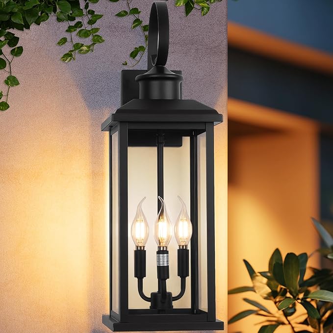 24" Extra Large Outdoor Wall Light Fixture 2-Pack, Black 3-Light Modern Porch Lantern, Waterproof Exterior Lighting Sconce Wall Mount, Outside Lamp for House Garage Patio E12 Base