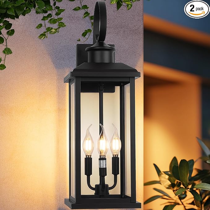 Large Outdoor Wall Light Fixture: 24in Black 3-Light Modern Porch Lantern, Waterproof Exterior Lighting Sconce Wall Mount, Outside Lamp for House Garage E12 Base