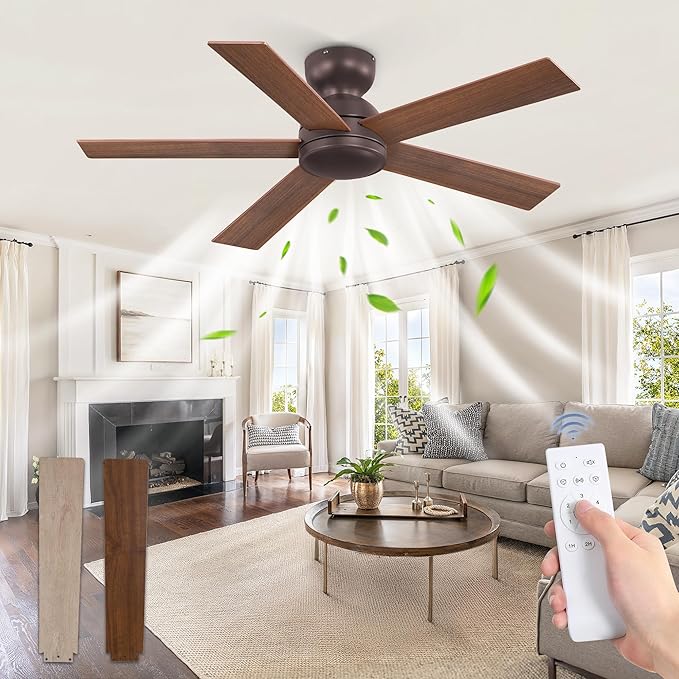 42 Inch Low Profile Ceiling Fan no Lights, Brown Farmhouse Ceiling Fan with Remote, 6-Speeds, Quiet Reversible DC Motor, Indoor/Outdoor Ceiling Fans with Remote for Bedroom, Patio, Living Room