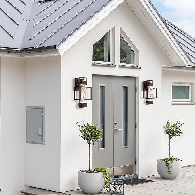 PARTPHONER Modern Outdoor Wall Lights 2 Pack, 15" Dusk to Dawn Sensor, Waterproof Porch Light, Bronze