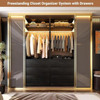 Closet System Set of 2, 4FT Closet Systems with 6 Wood Drawers, 48" Closet Organizer System with 2 Hanging Rods & 2 Shelves, Heavy Duty 48 Inch Walk-in Closet, Black (48"L x 15" W x 80" H)