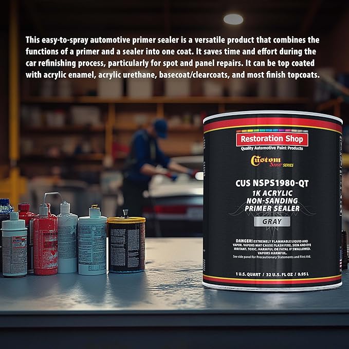 Custom Shop Premium 1K Acrylic Non-Sanding Primer Sealer Paint, Color Gray, 1 Quart - Fast Drying, Ready-To-Spray, Apply Over Automotive Primer Surfacers, Sanded Finishes - Topcoat Urethane, Enamel