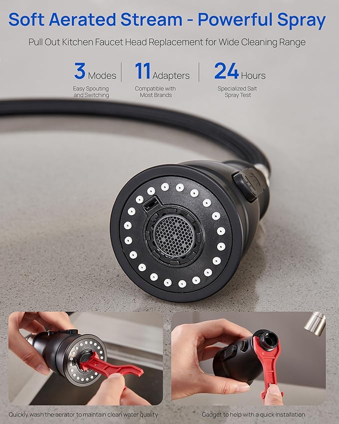 Pull Down Spray Head Replacement for Kitchen Faucet, 3 Modes Kitchen Sink Faucet Sprayer Head Nozzle Spout with 11 Adapters, Matte Black