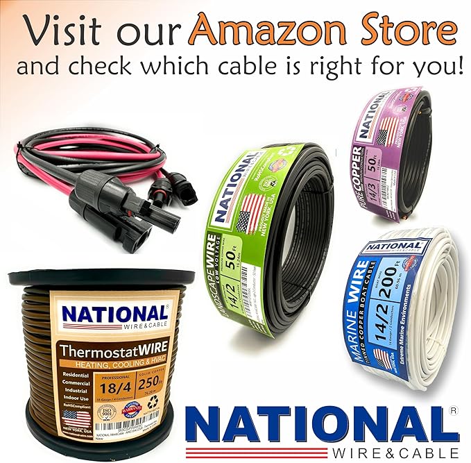NATIONAL Wire & Cable – 10 AWG 3-Conductor Premium Copper Wire, 50 ft, Stranded | Made in USA, Heavy-Duty Flexible Jacket | Automotive, Solar, Battery, Indoor and Outdoor Use