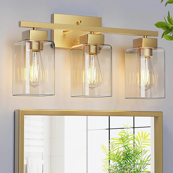 PARTPHONER 3-Light Bathroom Light Fixtures, Brushed Gold Modern Vanity Lights, Bathroom Lighting Fixtures Over Mirror, Square Design Farmhouse Wall Sconces with Clear Glass Shades
