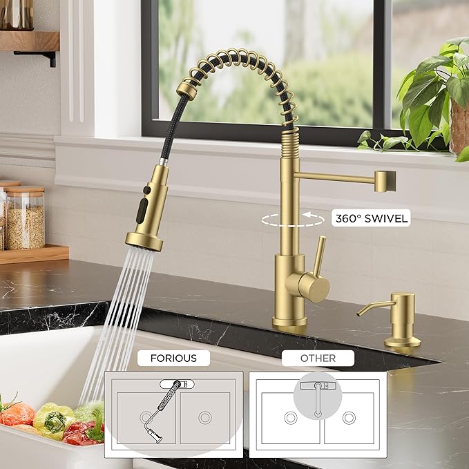 FORIOUS Kitchen Faucets with Sprayer, Stainless Steel Bar Sink Faucet Single Handle with Deck Plate, Commercial Pull Out Faucet for Kitchen Sink, Marine Boat Deck, Laundry Bar RV Camper