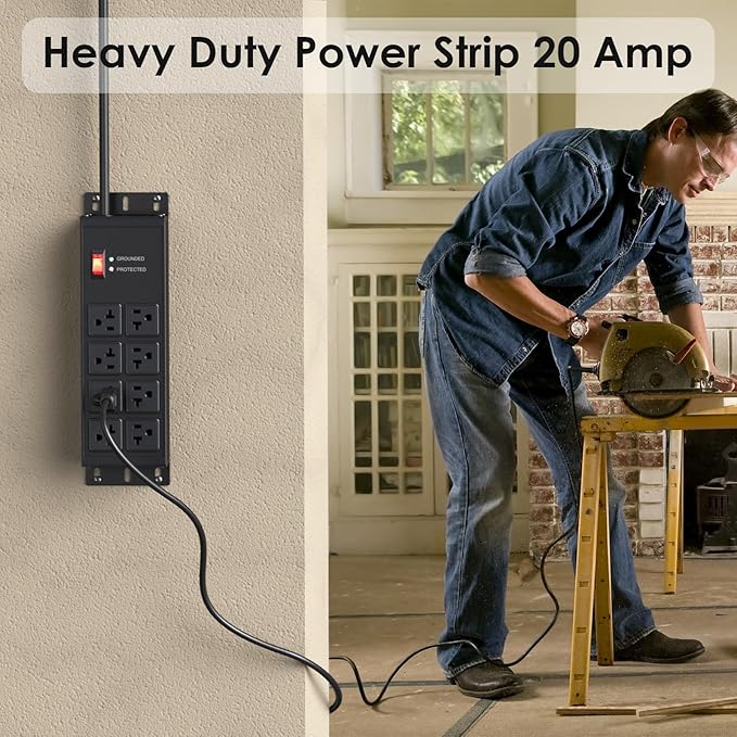 JUNNUJ Heavy Duty 20 Amp Surge Protector 4800J, Garage Metal 8 Outlets 12 Gauge, High Amp 5-15P Adapter Shop 6-20R T-Slot Industrial Outlet, 10 FT Extension Cord Commercial for Appliance