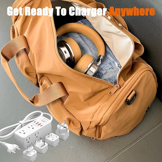 European Travel Plug Adapter, WRXDMC Universal Power Adapter for EU UK DE JP,6 AC Outlets, 4 USB Ports with 5ft Extension Cord, International Power Strip, Compact for Travel, Cruise Ship Must Have