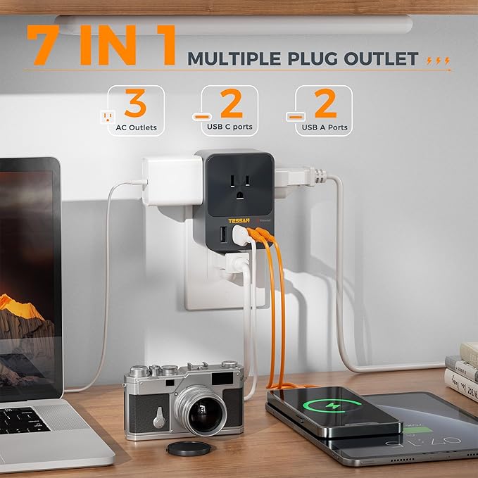 30W Wall Charger, TESSAN Fast Charging Multi Plug Adapter with 3 Outlet Extender Surge Protector, Multiple Plug with 4 USB Block Power Delivery (2 USB C Ports) for Home Office Essentials
