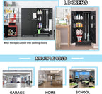71" Broom Closet Cabinet with Hanging Rod, Tall Black Metal Storage Cabinet for Bathroom, Utility Room, and Garage