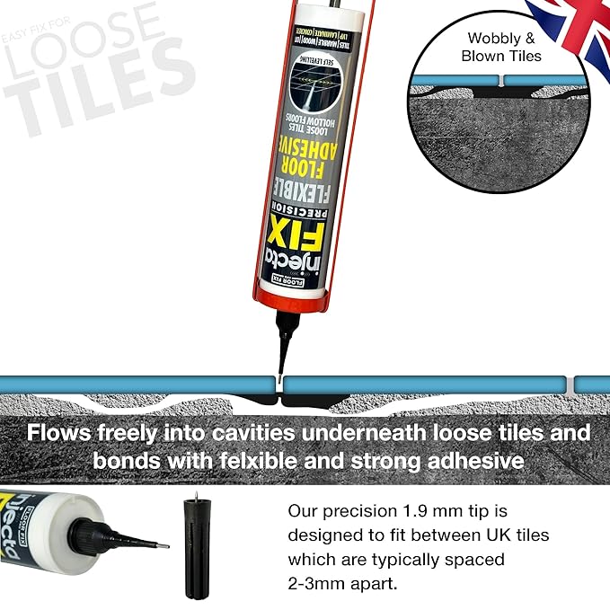 Precision 300ml from Floor-Fix Pro - Fix Loose Tiles - for Loose & Hollow Tiles, Wood, LVT & Laminate - Includes 1.9mm Syringe Tip - Adjustable to 6mm + Anti-Clog Performance (Pack of 12)